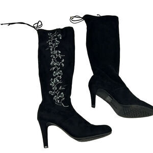 RIALTO Women’s Black Suede ADJUSTABLE OVER THE KNEE Boot Embroider Floral Sz 7.5